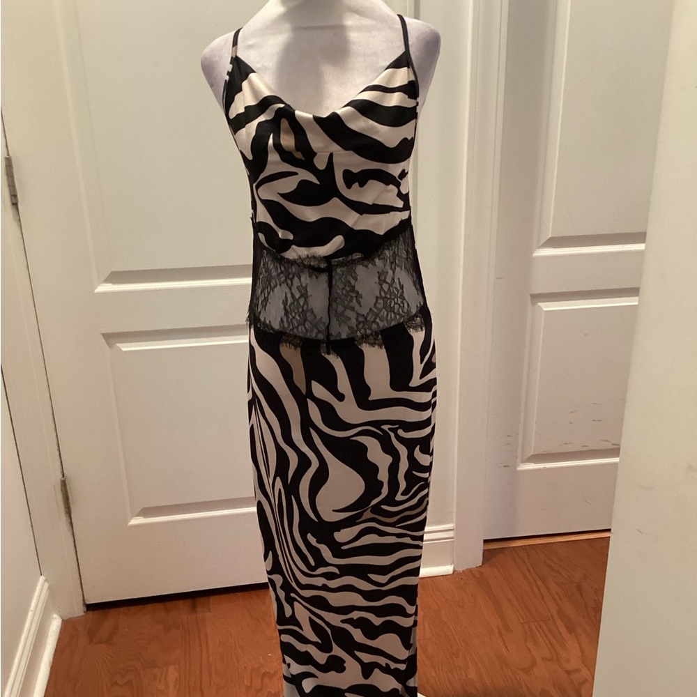 Zebra Print Maxi Dress with Lace Waist & High Side Slit